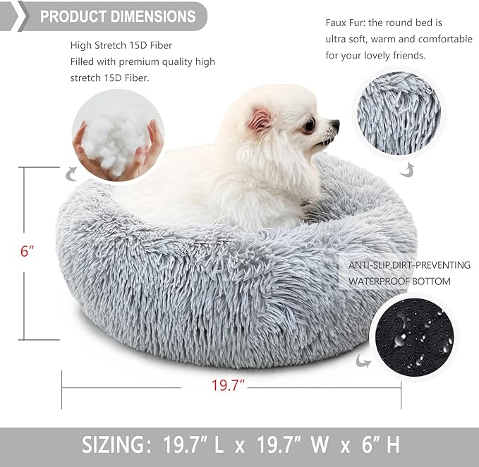 nononfish Dog Bed for Small Dogs,Gray Cute Plush Dog Bed ,19 inches Anti Anxiety Puppy Bed Washable,Machine Washable Fits up to 15 lbs Pets Beds for Small Dog.