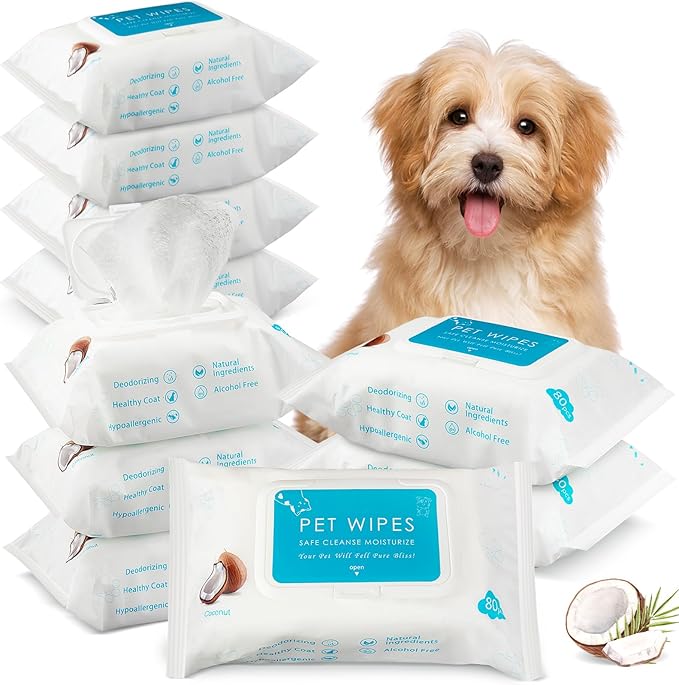 Treela 10 Packs of 800 Dog Wipes Pet Wipes Cat Grooming Supplies for Paws, Butt, Ear, Skin, Eye, Body Cleaning Bath Stain Odor Remover, Home or Travel Use(Coconut)