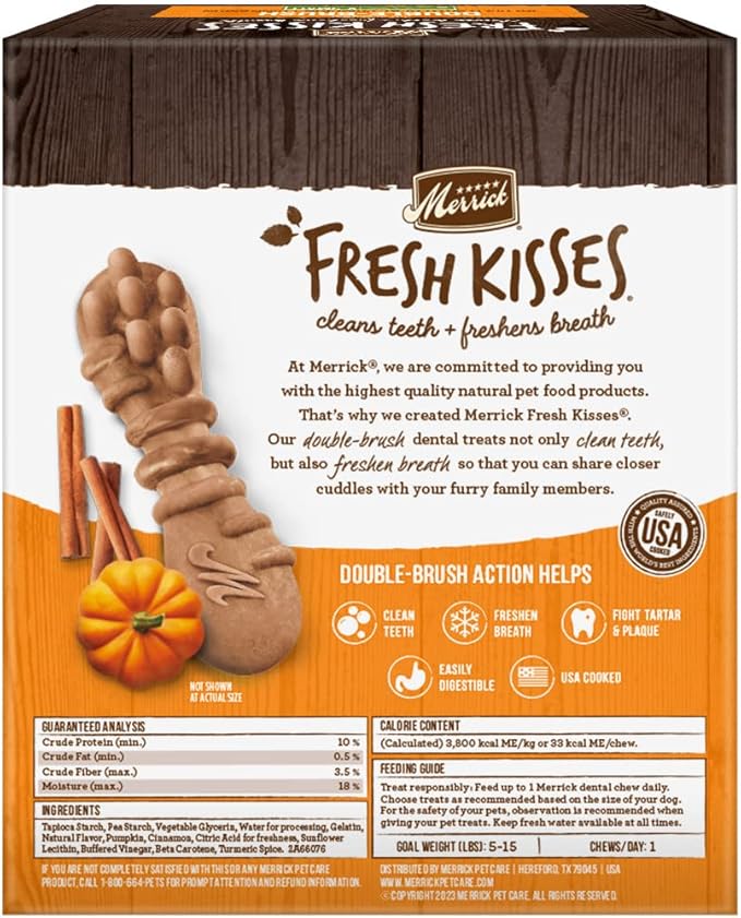 Merrick Fresh Kisses Natural Dental Chews, Treats Infused with Pumpkin and Cinnamon for Tiny Dogs 5-15 Lbs - 21 oz. Bag