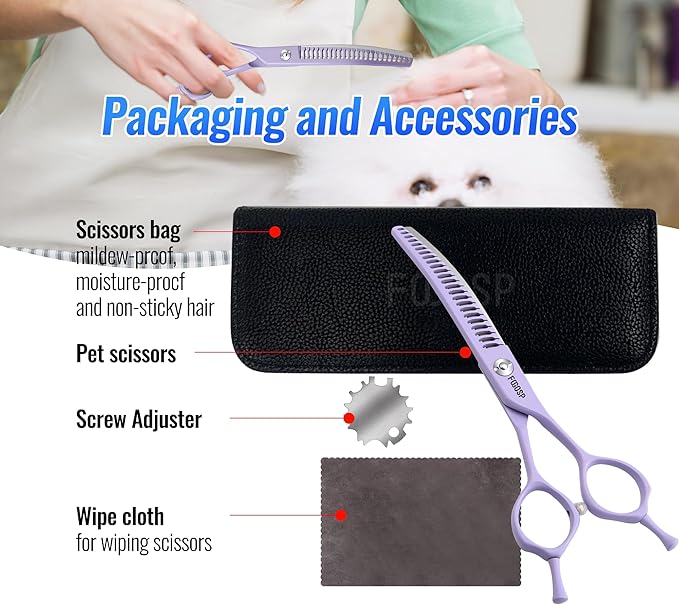 Curved Chunkers Dog Grooming Scissors 6.5" Macarone Series Professional Pet Grooming Shears for Small Dogs Pets Japan 440C Stainless Steel Sharp & Durable(Purple, 24Teeth Curved Thinners)