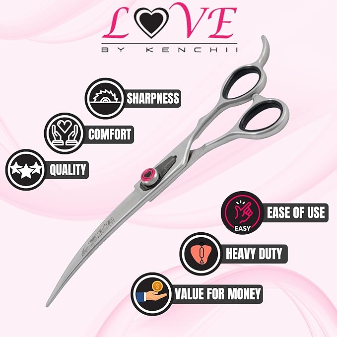 Kenchii Dog Grooming Scissors | 7 Inch Shears | Curved Scissors for Dog Grooming | Love Collection Dog Shears | Pet Grooming Accessories | Pet Hair Trimming Scissor