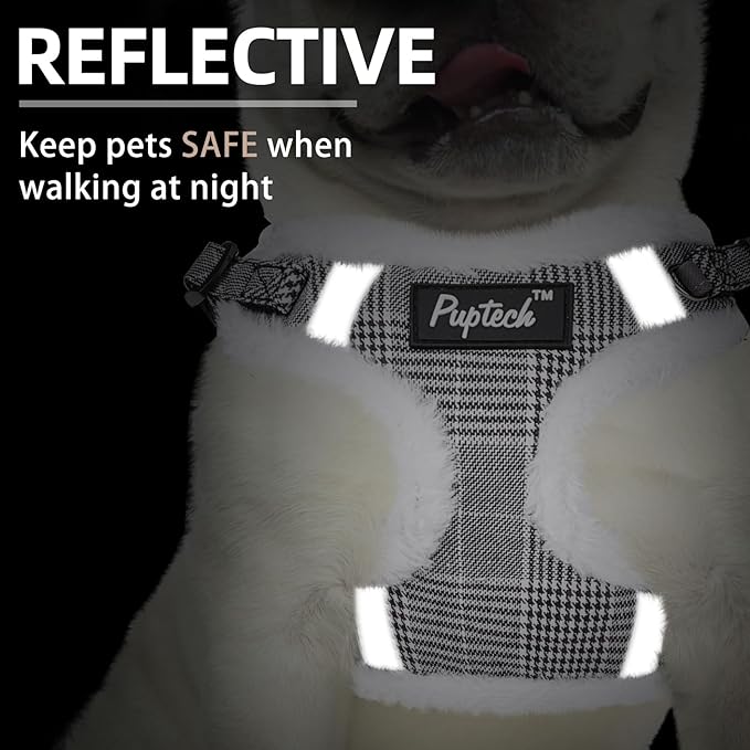 PUPTECK No Pull Dog Harness and Leash Set Reflective No Choke Step in Puppy Halter for XS Small and Medium Sized Dogs, Grey Plaid, Plush, XS
