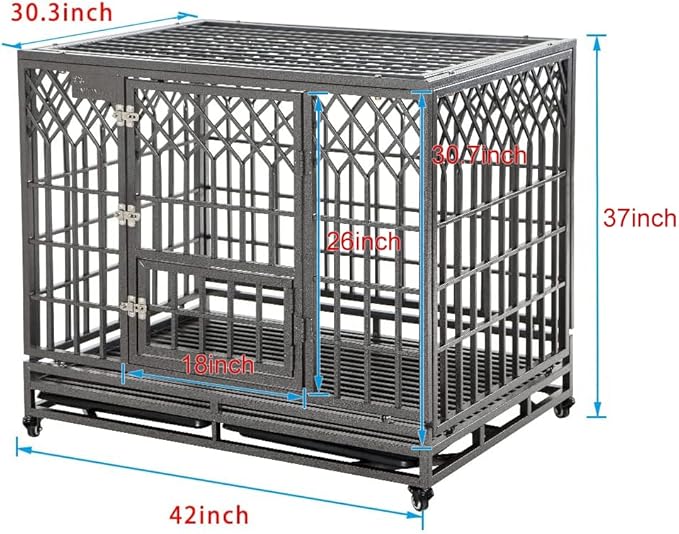 SMONTER Heavy Duty Dog Cage for Large Dog Strong Metal Kennel and Crate Pet Playpen with Three Doors, Four Wheels,42 Inch,Y Shape,Silver … … …