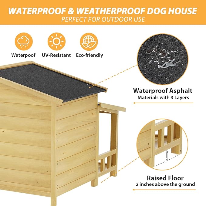 KELRIA 47.2" Dog House, Waterproof Dog Kennel, Wooden Outdoor and Indoor Dog House, Log Cabin Style with Porch,Elevated Floor, 2 Doors, Pine Wood + Natural