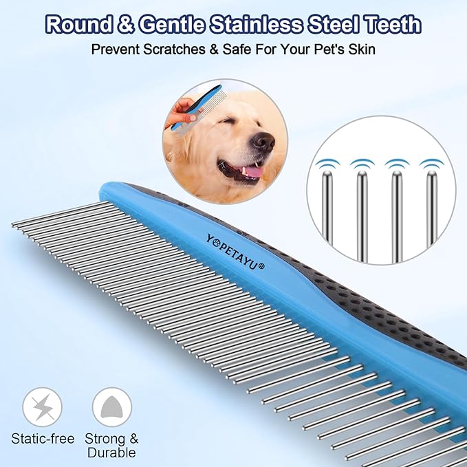 Dog Brush for Shedding, Self-Cleaning Slicker, 3 PCS Kit with Bath Brush & Comb, Perfect for Short & Long Haired Pets, Removes Mats, Tangles, Fur, Gentle on Skin, Ideal for All Dogs. Blue