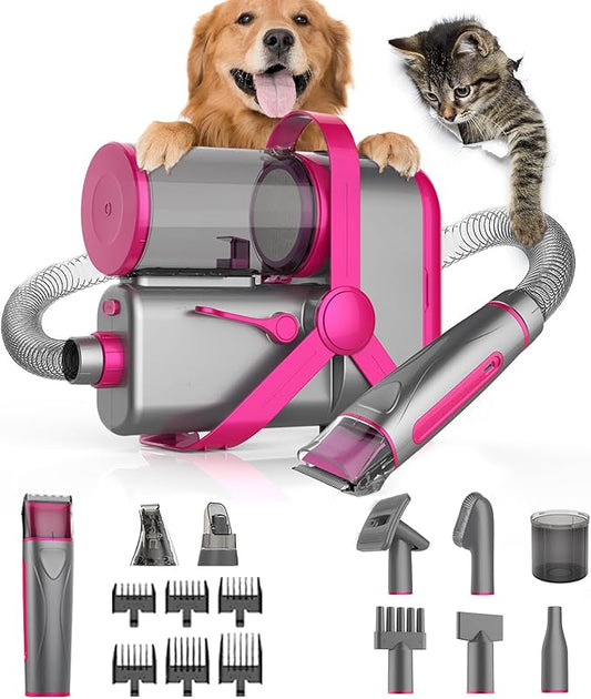 Dog Grooming Kit, Dog Grooming Vacuum, 13000Pa Upgrade Strong Pet Grooming Vacuum for Pets, Scalable Dust Cup, Low Noise, 10 Tools Shedding Grooming for Pet Hair (Rose red)