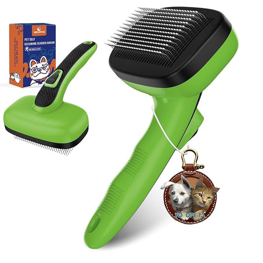 Dog Self Cleaning Slicker Brush for Shedding, Ideal for Short Long Haired Dogs, Including Cat. Removes Loose Fur, Undercoat, Mats, Tangled Hair. Suit for Large Medium Small Animal, Green