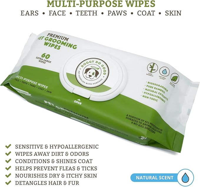 Dog Wipes | Grooming Pet Wipes for Dogs (Cat Wipes), Eye, Ear & Paw Puppy Wipes, Deodorizing, Hypoallergenic, Natural Extracts & Fragrance Free, Extra Thick & Soft, Supports Rescues