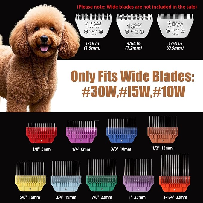 Dog Animal Stainless Steel Wide Clipper Attachment Guard Comb Set for A5 Series | Snap-On/Off Design Combs,Only Fir for 10W/15W/30W Wide Blade (9-Piece)