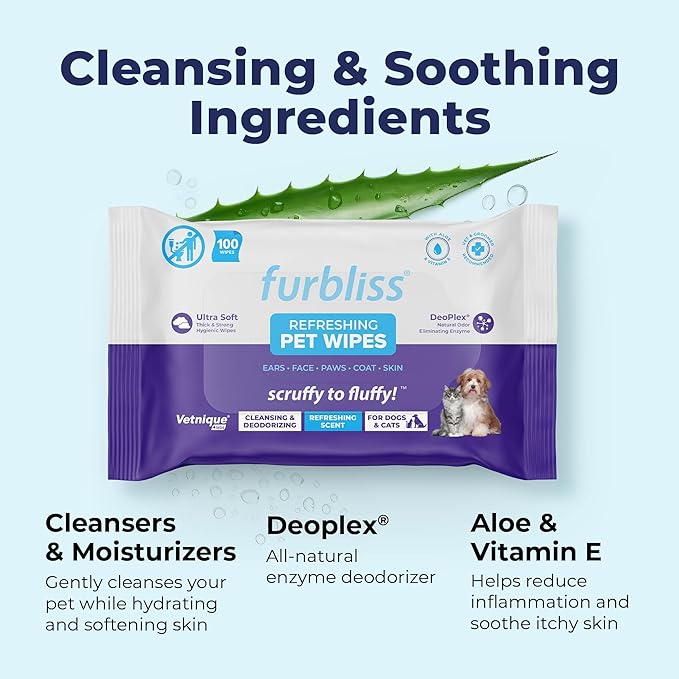 Vetnique Furbliss Hygienic Pet Wipes for Dogs & Cats, Cleansing Grooming & Deodorizing Hypoallergenic Thick Wipes with All Natural Deoplex Deodorizer (Refreshing Scent, 100ct Pouch)