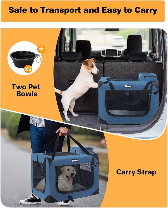 Extra Large Dog Crate with 2 Foldable Bowl, 28 Inch Collapsible Travel Dog Crate Kennel with Soft Blanket for Medium Dogs,Indoor & Outdoor (28" L x 20" W x 20" H, Navy)