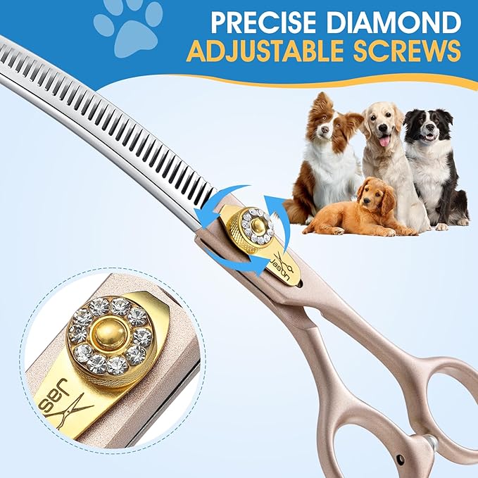 JASON Updated Curved Thinning Shears - 7” Professional Dog Grooming Scissors, 440C Stainless Steel, Adjustable Screws, 20%-25% Thinning Rate
