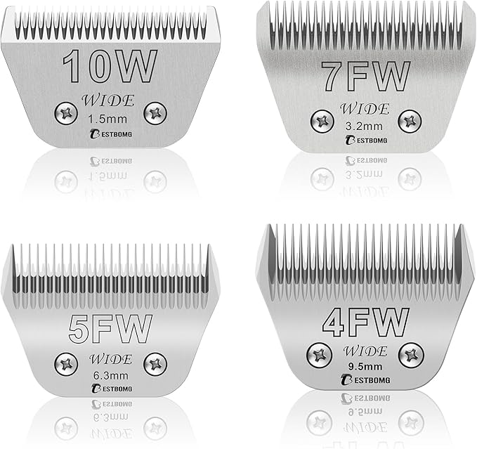 BESTBOMG 10W+7FW+5FW+4FW Wide Detachable Pet Dog Grooming Blades Kit-Cutting Length 1/16" to 3/8"(1.5-9.5mm),Compatible with Andis,Oster A5,Wahl km10 Clippers