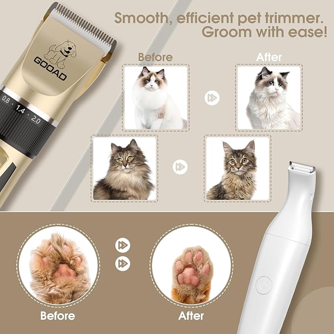 Goood Cat Clippers for Matted and Long Hair - Quiet Cordless Grooming Kit with Paw Trimmer and Nail Grinder for Cats, Small Dogs & Animals