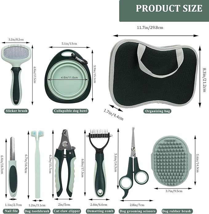 Pet Nail Clippers Trimmer and Grooming Kit, 8 Pieces Pet Grooming Kit - Dematting Comb,Slicker Brush,dog nail trimmer,collapsible bowl and dog toothbrush for Removing Knots and Hair for Dog,Cat