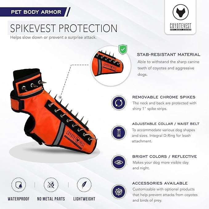 CoyoteVest SpikeVest Dog Harness Vest for Small Dogs, Reflective Dog Vest with Spikes to Shield Your pet from Coyotes, Raptor and Animal Attacks, Anti Hawk Vest, Made in USA (S-Fluorescent Orange)