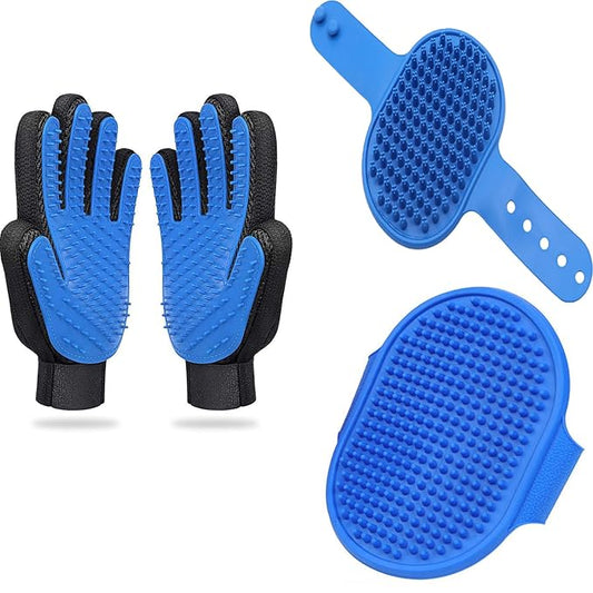 3PCS Pet Grooming Brush Set: Shampoo Hair Brush, Bathing Scrubber, Shedding Massage Gloves with Fur Remover for Short & Long Haired Pets