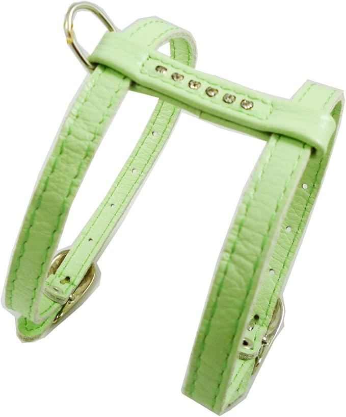 Genuine Leather Dog Harness for Toy Breeds X-Small. 10"-13" Chest Circumference Rhinestones (Green)