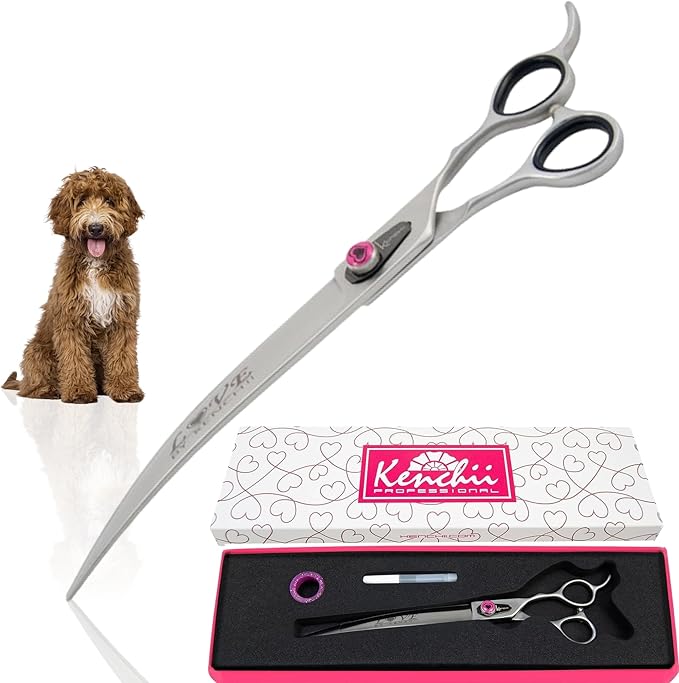 Kenchii Love Left Handed Dog Grooming Scissors, 9 Inch Curved Shears, Dog Scissors for Grooming, Professional Pet Grooming Scissors, Curved Dog Grooming Scissors