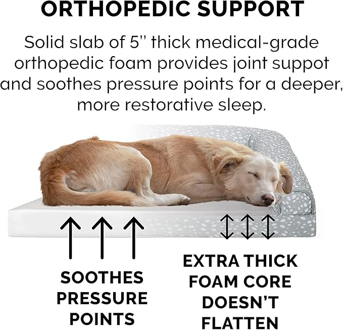 Furhaven Orthopedic Dog Bed for Large Dogs w/ Removable Bolsters & Washable Cover, For Dogs Up to 125 lbs - Plush & Almond Print L Shaped Chaise - Gray Almonds, Jumbo Plus/XXL
