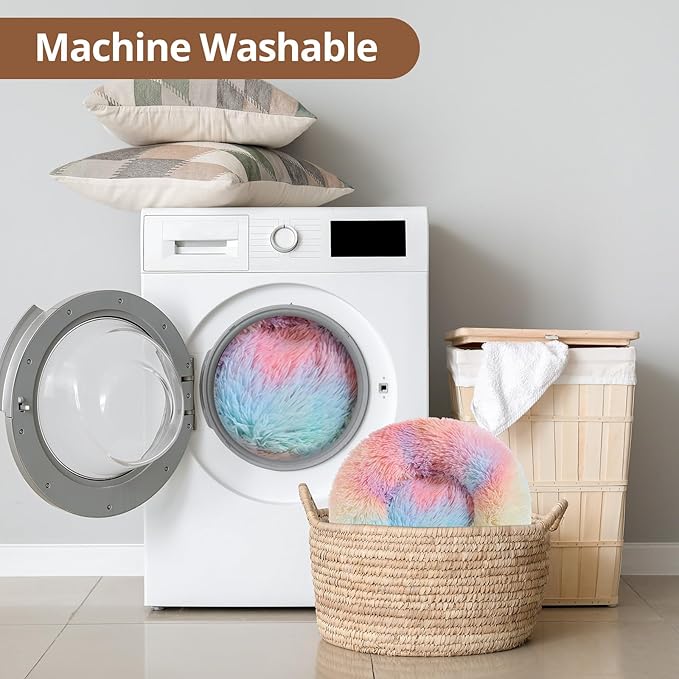 JOLLYVOGUE Donut Dog Bed for Medium Dogs, Anti-Anxiety Washable Round Bed, Calming Donut Dog Cat Bed for Puppy Bed, Fluffy Dog Beds for Large Dogs, Round Puppy Bed for Indoor Pet (31"/Rainbow