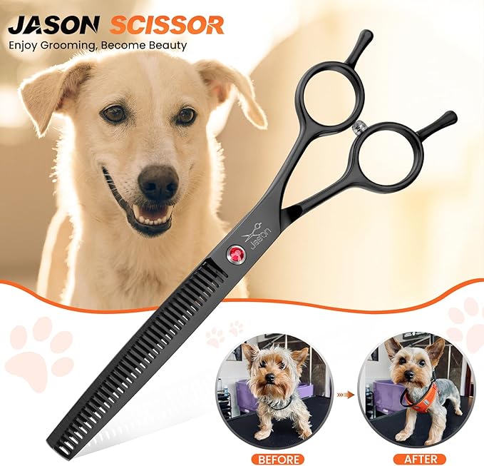 JASON 7.5" Dog Grooming Scissor - Professional Thinning Shear with 37 Teeth Japanese Stainless Steel Blender Scissors for Dogs, Cats and Other Pets (Thinning, Black)