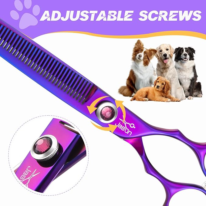 JASON Dog Scissors for Grooming - 7.5" Thinning Scissors for Dog Grooming, Japanese 440C Stainless Steel Blender Shears with Diamond Adjustable Screw (45 Teeth, Purple)