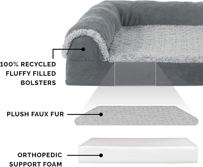 Furhaven Orthopedic Dog Bed for Large Dogs w/ Removable Bolsters & Washable Cover, For Dogs Up to 125 lbs - Two-Tone Plush Faux Fur & Suede L Shaped Chaise - Stone Gray, Jumbo Plus/XXL