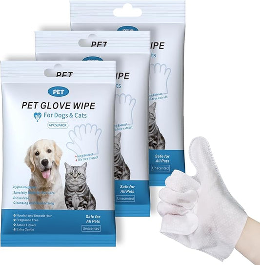 Pet Glove Wipes for Dogs Cats, Cleaning & Deodorizing Grooming Gloves, Dog Wipes for Body Daily Care, Cat Grooming Wipes Cleaning Fur Traveling Rinse Free, Odorless and Unscented, 3pack/18pcs
