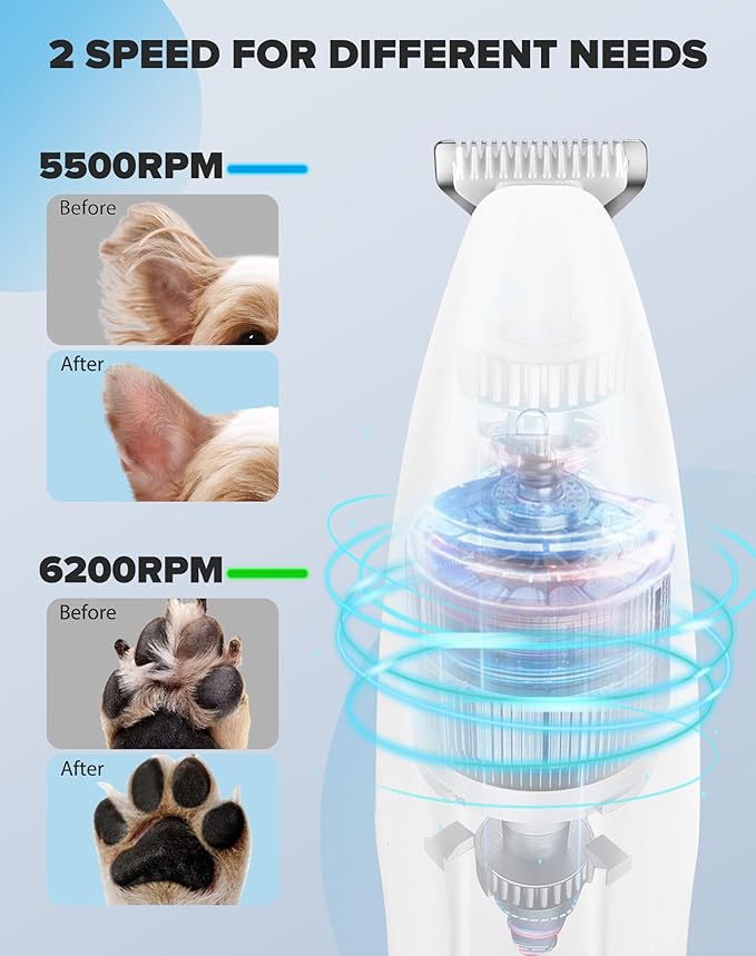 Paw Trimmer, 2 Speed Low Noise Dog Clippers for Grooming, Cordless Rechargeable Dog Hair Trimmer with LED Light, Widen Blade Cat Pet Hair Shaver for Paws, Eyes, Ears, Face, Rump (White)