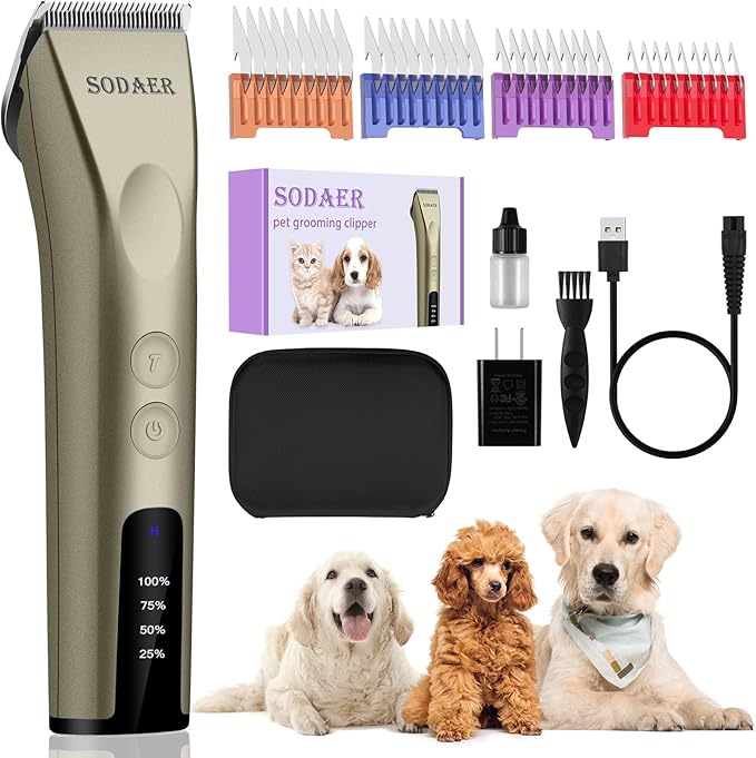 Professional Animal Pet Dog Cat and Horse Cordless Hair Clipper Grooming Kit with 5 in 1 Blade Low Noise & High Power Rechargeable Cordless Pet Grooming Clipper for for Thick Heavy Coats (Brown)