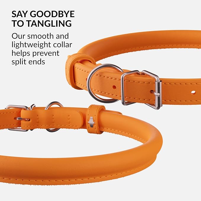 CollarDirect Rolled Leather Dog Collar, Soft Padded Round Puppy Collar, Handmade Genuine Leather Collar Dog Small Large Cat Collars 13 Colors (18-22 Inch, Orange Smooth)