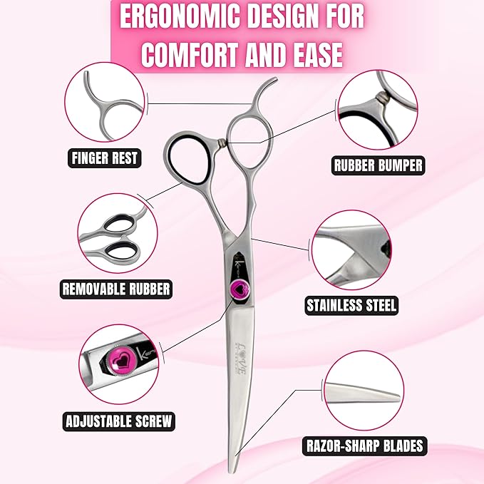Kenchii Left Handed Dog Grooming Scissors | 7 Inch Shears | Curved Scissors for Dog Grooming | Love Collection Dog Shears | Pet Grooming Accessories | Pet Hair Trimming Scissor