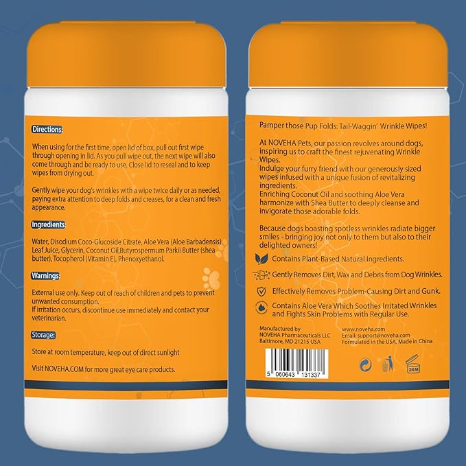 NOVEHA 5”x7” Large Dog Wipes | Wipes for Bulldog, French Bulldog, Pug, English Bulldog | Deodorizing, for Multiple Areas Removes Dirt, Wrinkles, Folds, Tear Stain, Tail Pockets & Paws (120 Counts)