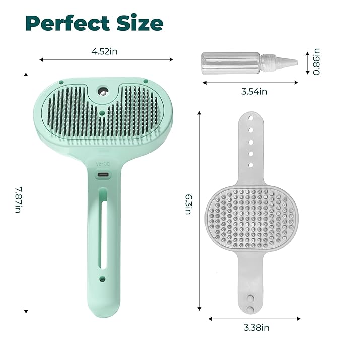 3-in-1 Self-Cleaning Pet Grooming Tool: Versatile Steam Brush for Cats and Dogs, with Bath Supplies and Detachable Bristles (Green)