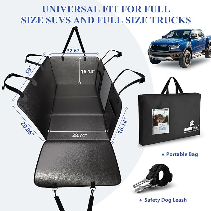 Back Seat Extender for Dogs Truck-Upgraded PU Leather-Truck Dog Seat Cover Back Seat Hard Bottom 400lbs, Anti-Scratch Pet Seat Covers for Trucks, Waterproof Backseat Dog Hammock for Truck