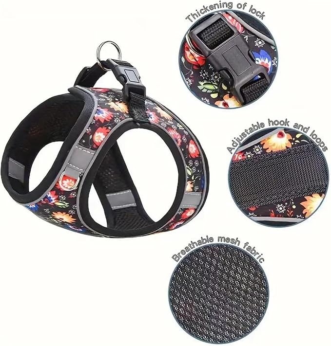 Step in Dog Harness No Pull Flower Adjustable Soft Mesh Padded Reflective Pet Vest Harness and Leash Set for Small Medium Dogs