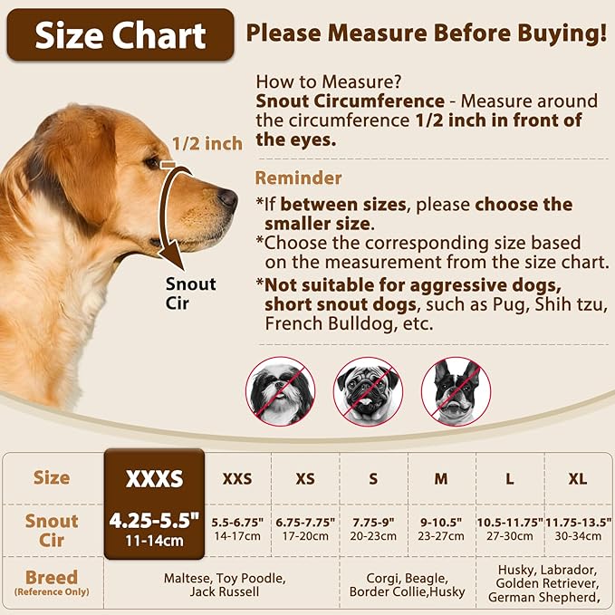 Crazy Felix Nylon Dog Muzzle for Small Medium Large Dogs, Air Mesh Breathable and Drinkable Pet Muzzle for Anti-Biting Anti-Barking Licking (XXXS, Black)