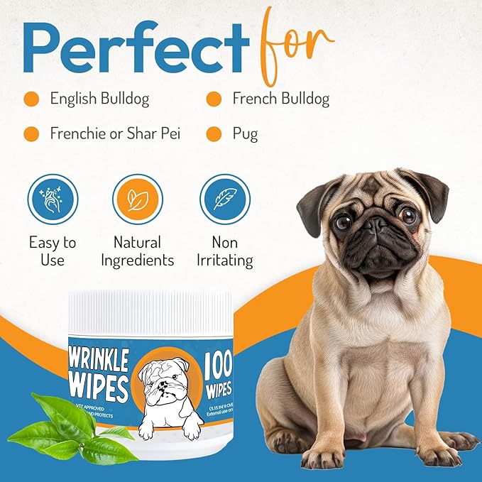 Bulldog Wrinkle Wipes for Dogs – Deodorizing & Soothing with Honeysuckle Extract – Non-Irritating, Cleans Wrinkles, Folds, Paws & Tail Pockets – for Bulldogs, Pugs & Frenchies (2 Packs of 100 Count)