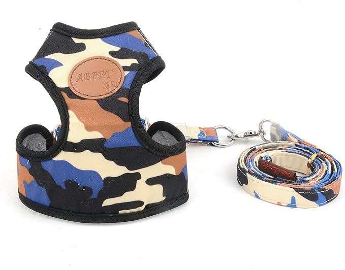 SMALLLEE_LUCKY_STORE Small Dog Cat Mesh Harness & Lead No Escape Adjustable Padded Military Camo Blue, M Chest:11.5"-15.5",Weight 6.5-11lbs