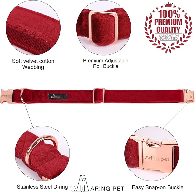 ARING PET Velvet Dog Collar-Soft Bowtie Dog Collars with Metal Buckle, Cute&Comfortable Christmas Red Dog Collar with Bow for Small Medium Large Dogs