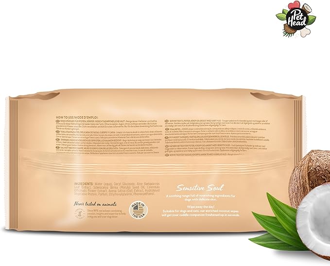 Pet Head Sensitive Soul Dog & Cat Wipes for Paws, Body & Face | Coconut Scent with Aloe Vera | Biodegradable, Plant-Based and Plastic-Free Wipes | an Easy & Speedy Freshen-Up | Made in USA | 100 Pack