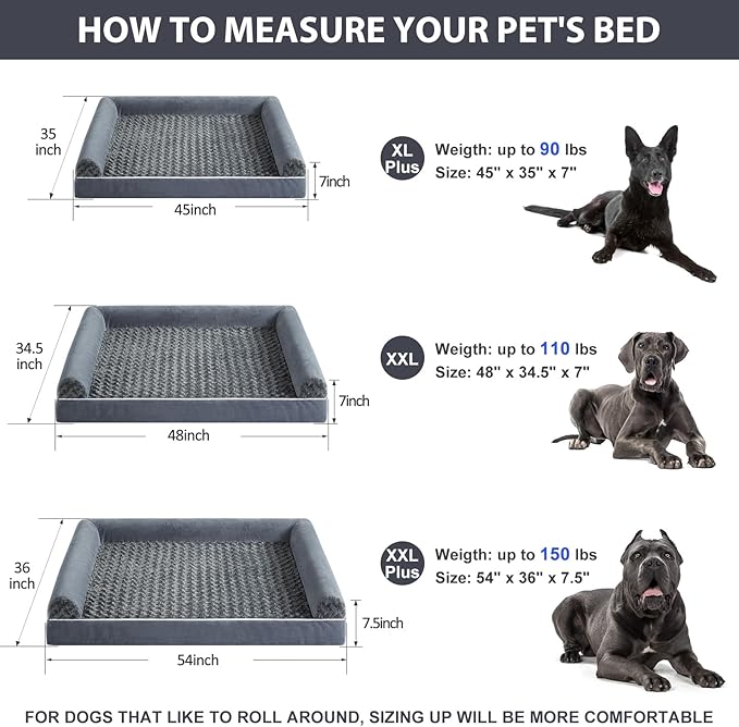 BFPETHOME Extra Large Dog Bed, Jumbo Dog Bed with Removable Cover, Waterproof Lining, Egg-Crate Foam Pet Sofa Bed, 48x35x7 inches, Dark Grey