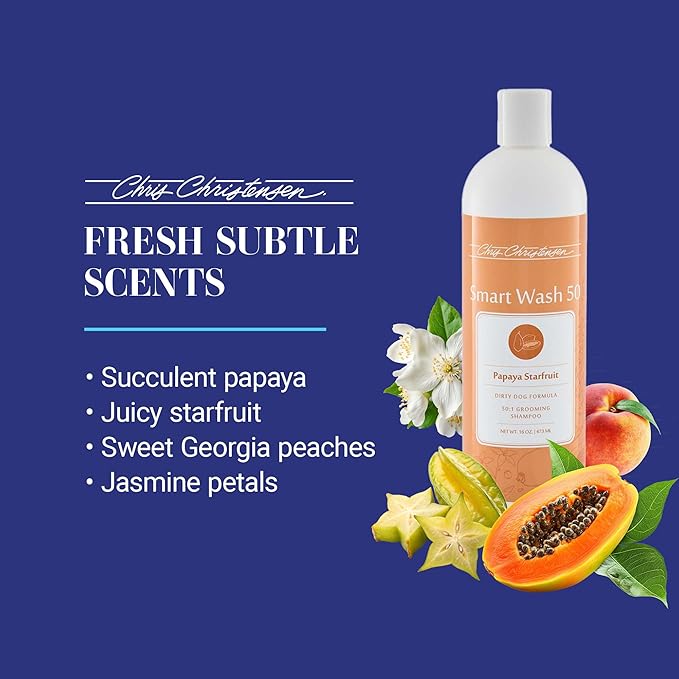 Chris Christensen Smartwash50 Papaya Starfruit Ultra Concentrated Dog Shampoo, Makes Up to 50 Bottles, Groom Like A Professional, Delightfully Fragranced, Suitable for All Coats, Made in USA, 16 Oz
