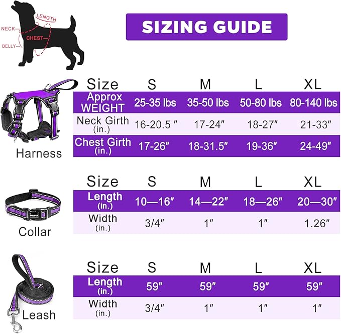 WINSEE Pet Harness Collar and Leash Set, All-in-one Reflective Dog Harness No Pull with Adjustable Buckles for Puppies, Small, Medium, Large, and Extra-Large Dogs (X-Large, Purple)
