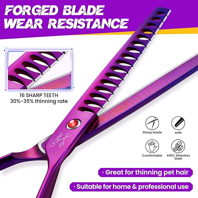 JASON 7.5" Dog Grooming Scissor - Professional Chunker Shear with Ergonomic Handle Japanese Stainless Steel Hair Scissor for Dogs, Cats and Other Pets, Sharp (Chunker, Purple)
