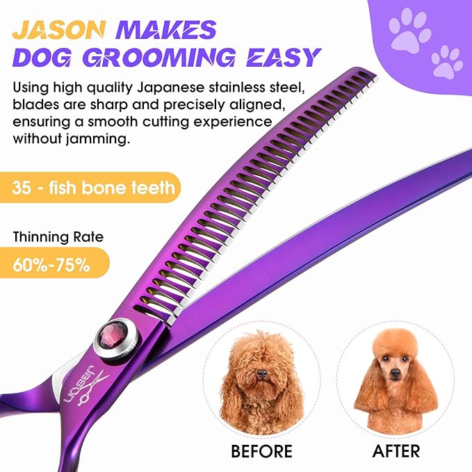 JASON 7.5" Curved Chunkers Shears - Professional Dog Scissors for Grooming, Japanese 440C Stainless Steel Blender Shears with Diamond Adjustable Screw (35 Teeth, Purple)