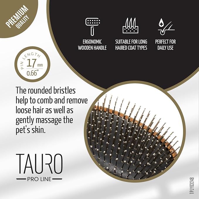 TAURO PRO LINE Wooden Dog Brush for Detangle Long and Short Hair, Wooden Soft Massage Brush for Grooming Haired Dogs and Cats, Flexible Cushion and Non-Slip Grip, Oval, 9,45 x 3,54 inch, Brown