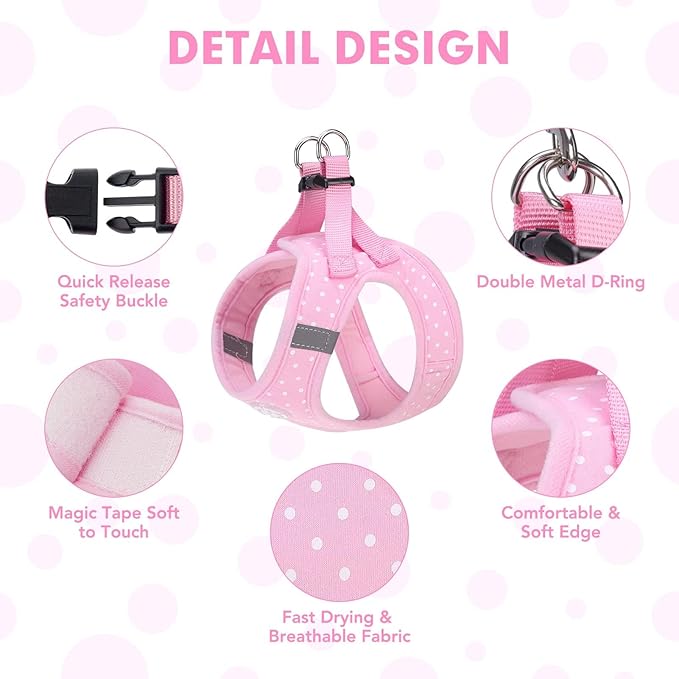 BINGPET Vest Harness for Puppy and Cat, No Pull Adjustable Reflective Step-in Puppy Harness Cute Pink Polka Dot Soft Dog Harness for Small and Medium Dogs