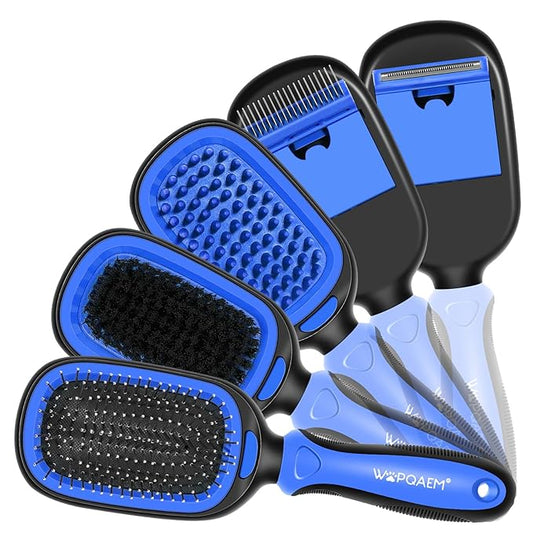 Dog Grooming Brush Kit 5-in-1 with Interchangeable Heads – Ideal for Medium & Large Dogs and Cats with Medium to Long Hair – Reduces Shedding, Removes Tangles, and Controls Loose Fur. Blue